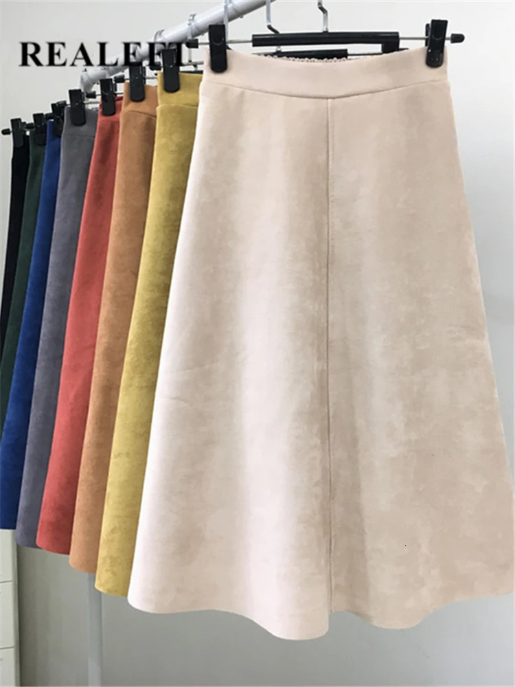 REALEFT 2025 Autumn Winter Women Suede Midi Skirts High Waist Multi Color Elegant ALine Skirts Umbrella Ladies Skirt Female 251028