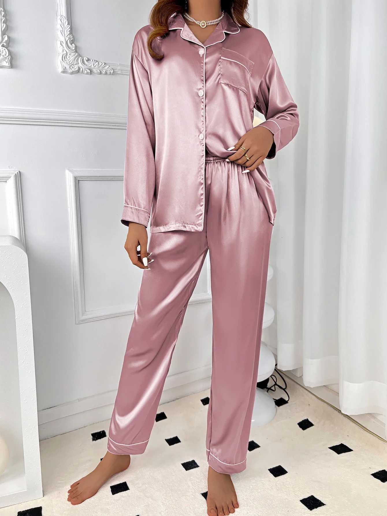 Ladies autumn and winter solid color imitation silk comfortable and elegant purple pajamas womens long sleeved home suit setT251029