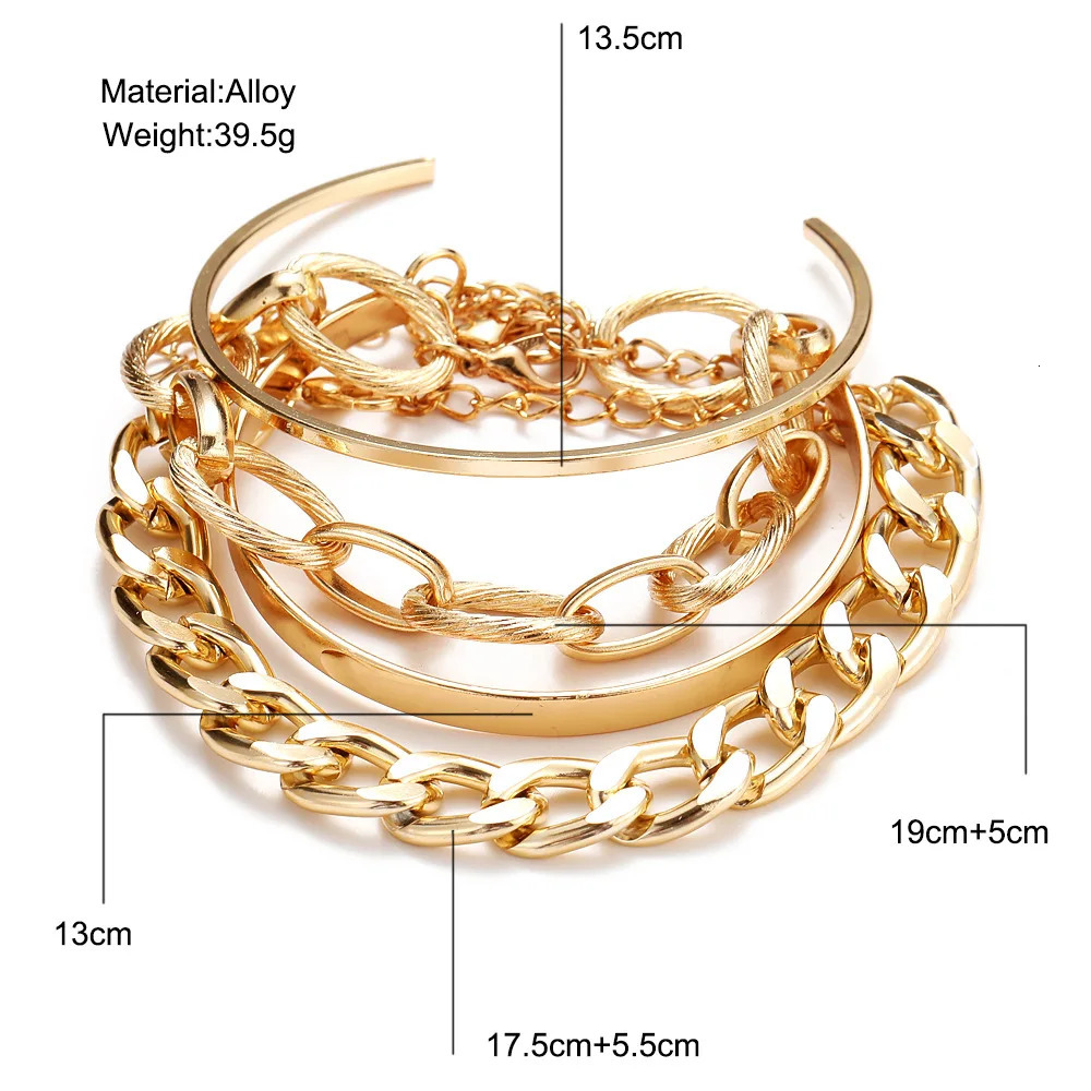 Bohemian Metal Chain Bracelet Set For Women Geometric Gold Color Thick Link Chain Open Bangle Female Fashion Jewelry 251028
