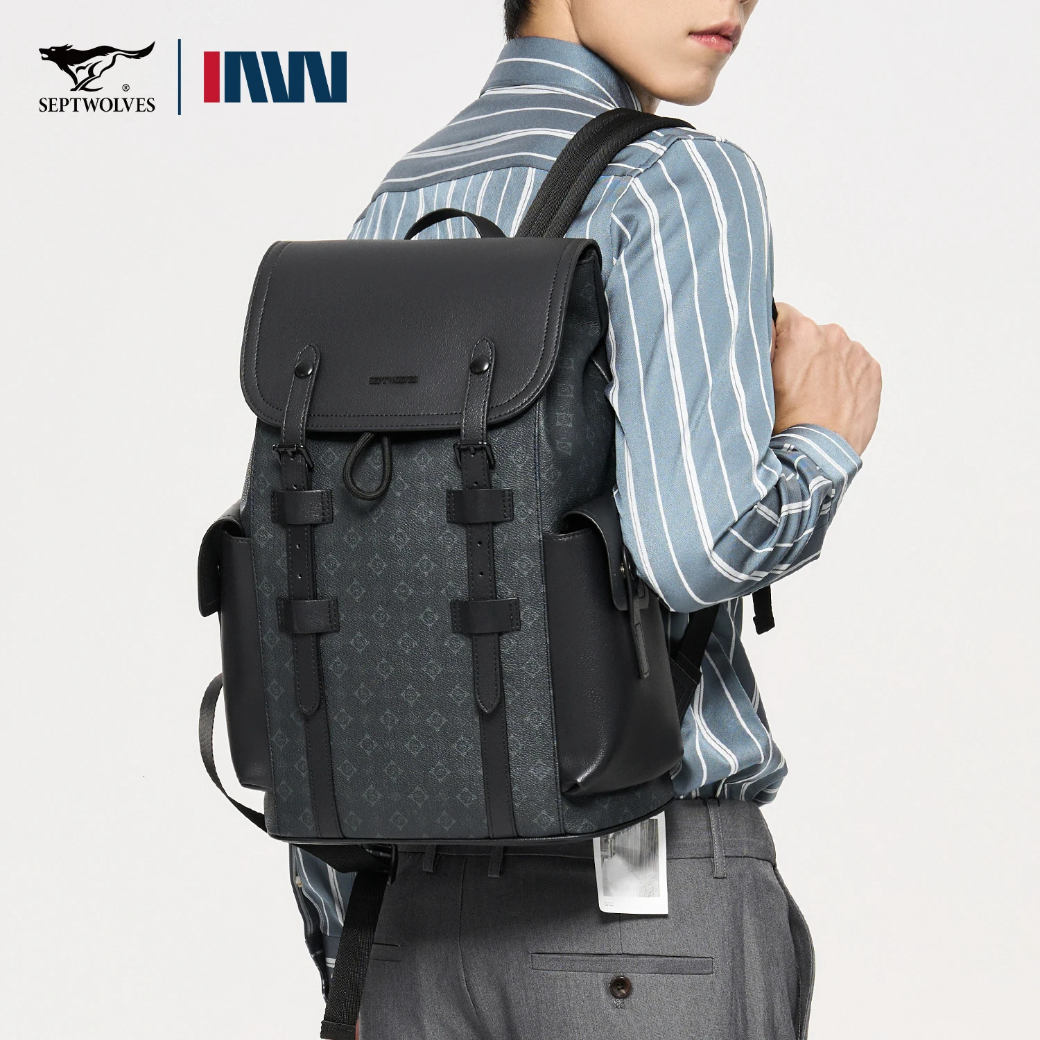 Septwolves High Quality Business Printed Leather Backpack Man Drawstring Flip Monogram Laptop Bags Print Work Rucksack 251018