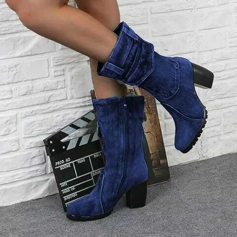 Cowboy Womens Boots 2024 Autumn and Winter New Pointed Denim Style Casual Temperament High Heels Single Shoes Zapatos De Mujer Z251029