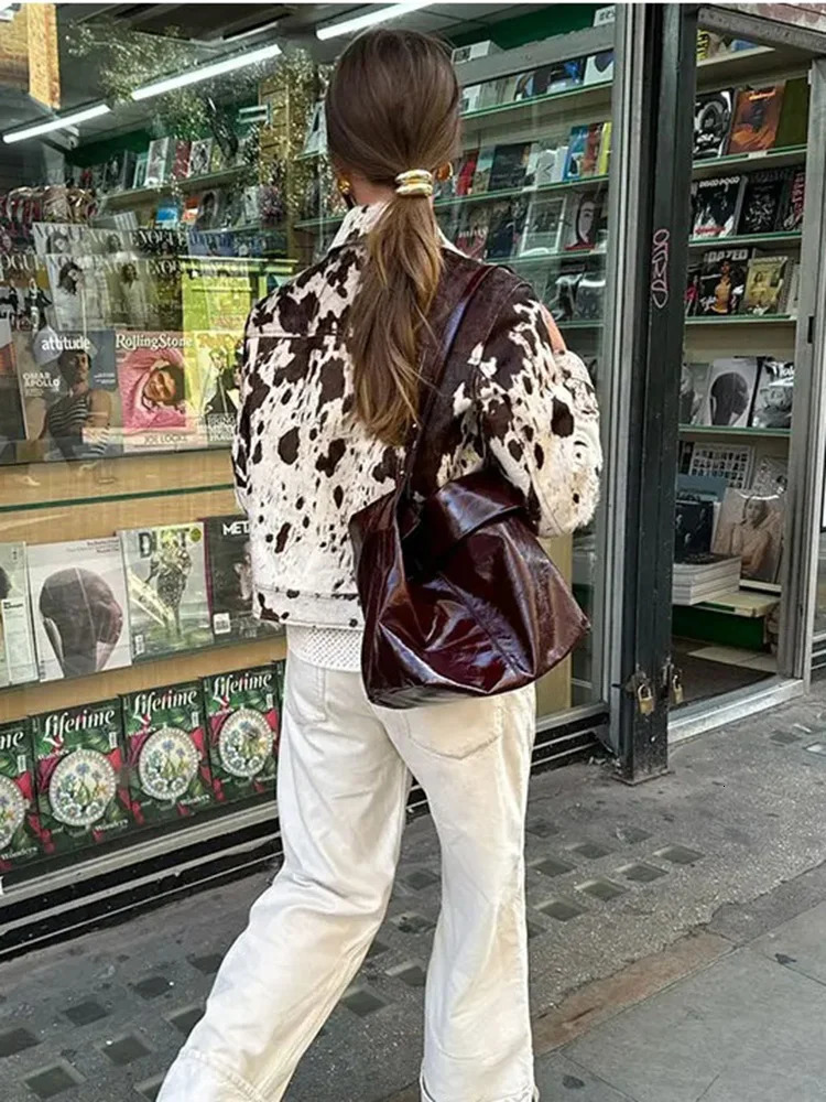 Womens Fashion Printed Lapel Jacket Casual Short Long Sleeve Patch Pocket Jacket High Street Autumn Jacket 251028