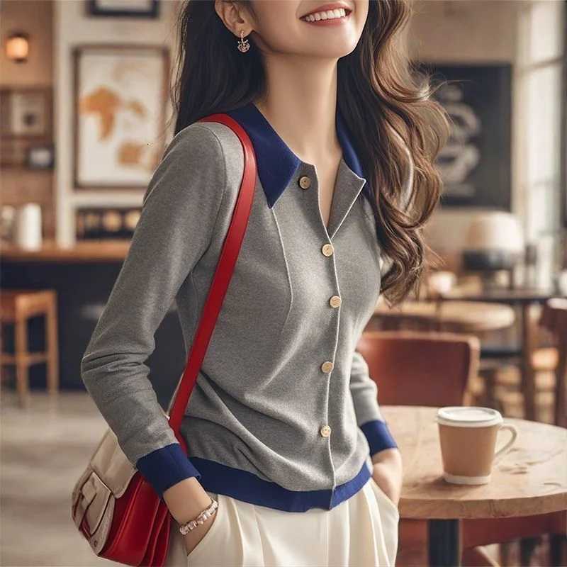 Grey Patchwork Knit Sweater Women Autumn Single Breasted Long Sleeve Top Elegant CoatT251028