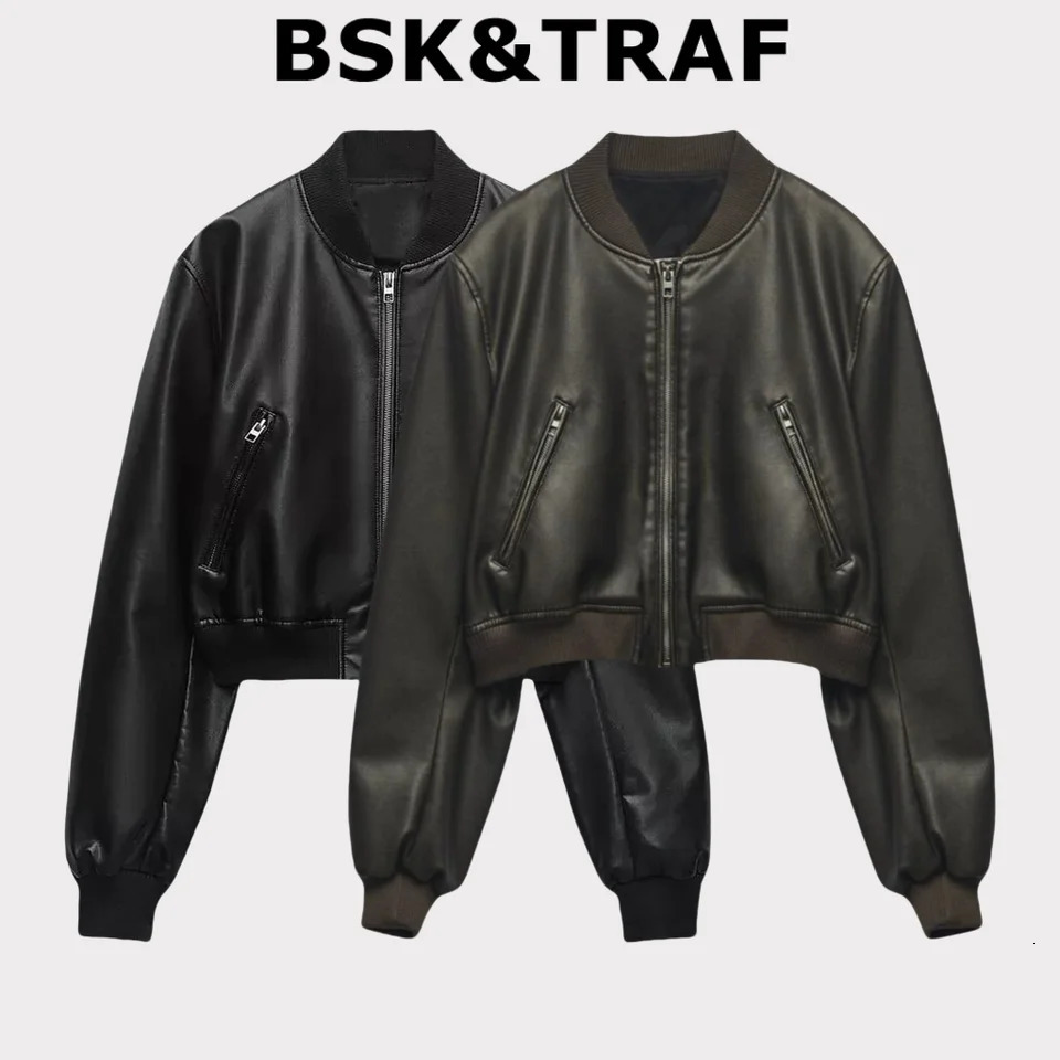 BSKTRAF Girl Stand Collar Distressed Faux Leather Bomber Jacket 2025 Womens Fashion Leather Jacket 251028