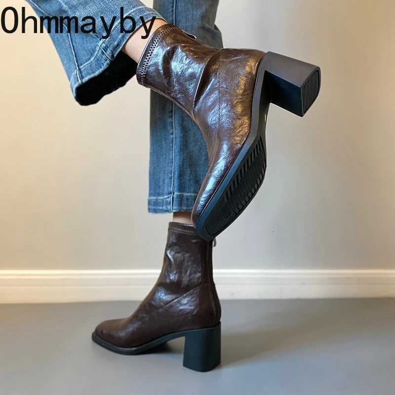 Autumn Vintage Elastic Slim Women Ankle Boots Fashion Soft Leather Shoes Ladies Elegant Thick Heel Mordern Short Booties Z251029