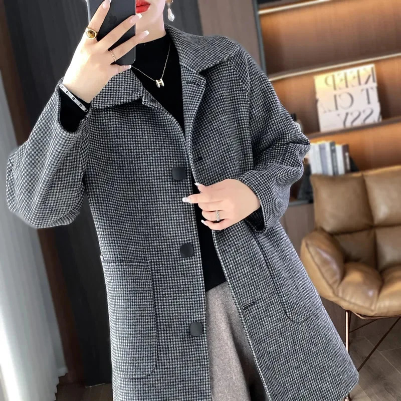 Autumn Winter Doll collar Doublesided Wool Coat Womens Fashion Medium length Slim Woolen Coats Female Single breasted 251028