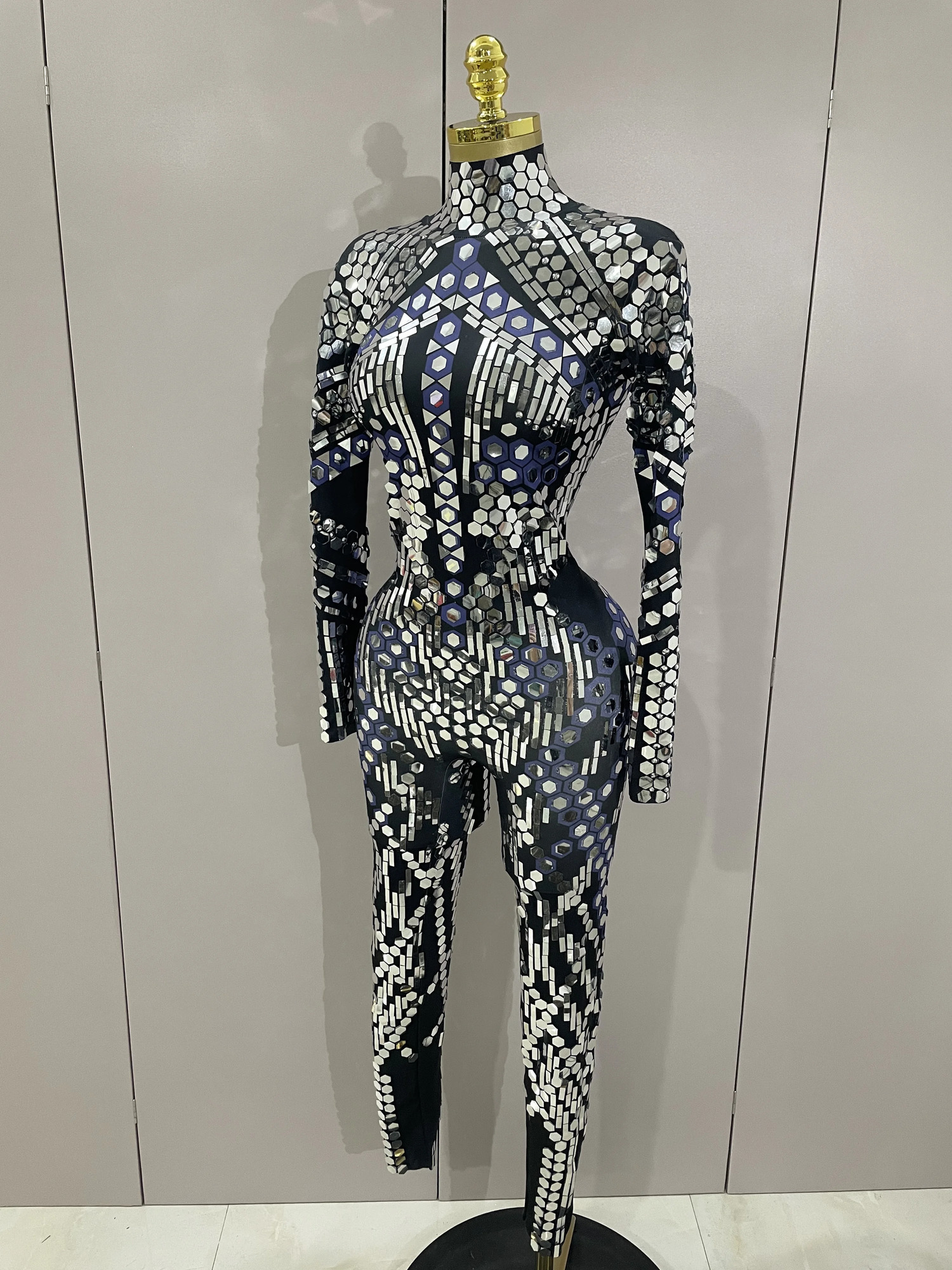 Sexy Shiny Silver Sequins Mirror Black Spandex Jumpsuit Women Prom Dancer Singer Costume Evening Birthday Show Stage Outfit 251027