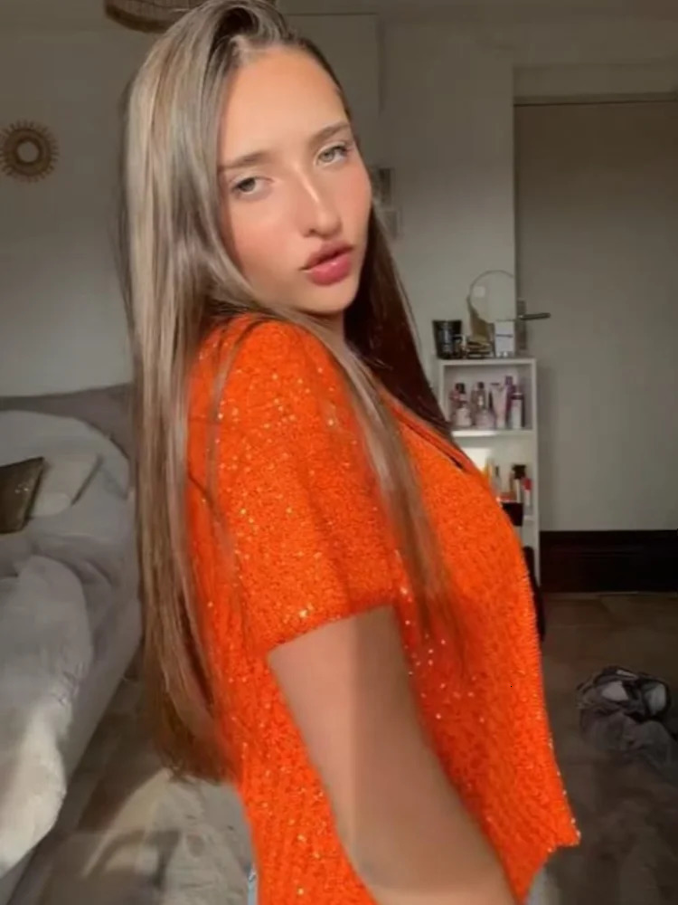 Orange Bright Silk Knitted Vest Cardigans Women Sleeveless U Neck Cropped Tank One Button Short Sleeve Cardigans Lady Sets 251029