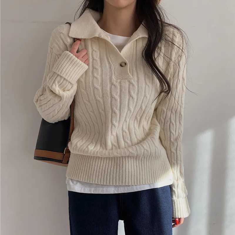 Korean Turndown Collar Solid Womens Sweater Sweet Fried Dough Twists Sweater Casual Versatile Simple Knitting Pullover Tops J251029