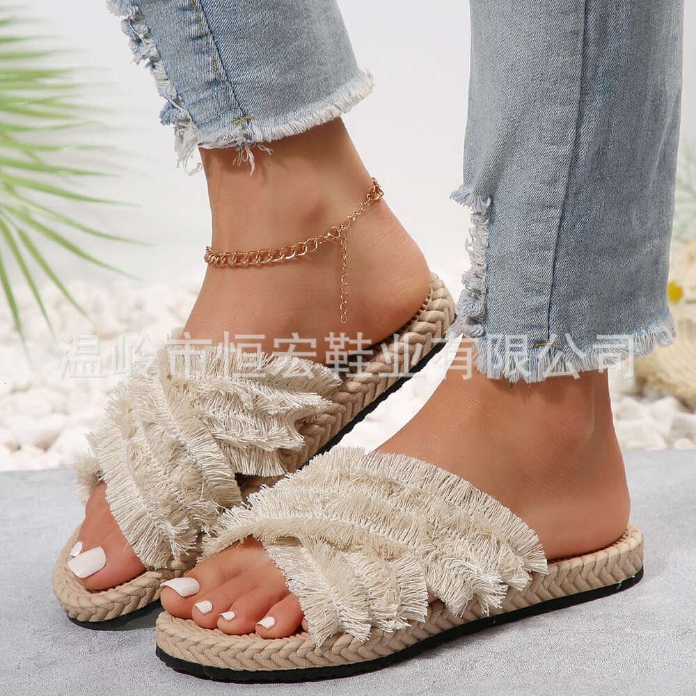 Women's Summer New Bohemian Designer Shoe Comfortable EVA Flat Slippers Lightweight Waterproof Vacation Cross Tassel Beach Sandals