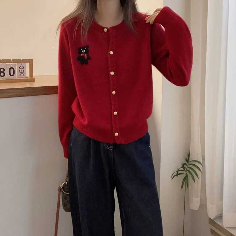 Autumn Winter Elegant Fashion Little Bear Knitted Cardigan Women Clothing Casual Allmatch Long Sleeve Sweaters Oneck Loose TopT251028