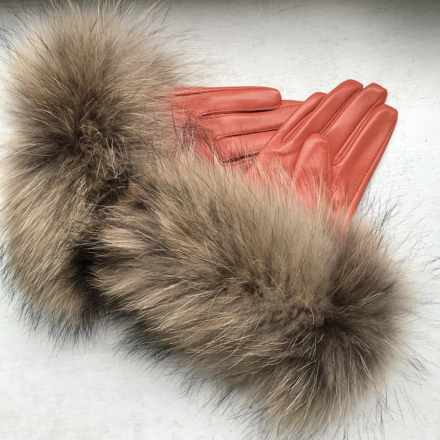 Real Raccoon Fur Gloves Womens Genuine Leather Gloves Fox Fur Big Raccoon Fur Sheepskin Gloves Female Winter Velvet Customized 251029