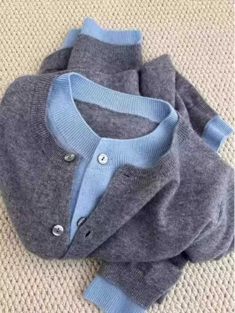 Korean Splice Knitted Cardigan Round Neck Sweater Womens Inner Wear Base Knitwear Shirt Autumn Winter Matching TopT251028