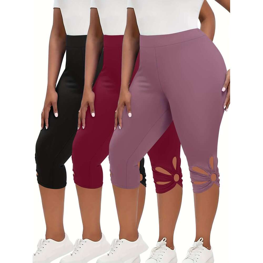 Women's 3pcs High Waist Capri Leggings - Slimming, Stretchy Activewear with Cutout Detail, Plus Size Yoga Pants