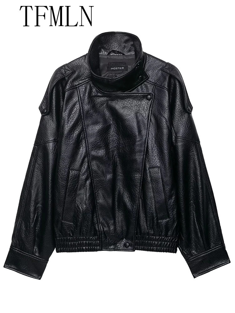 TFMLN 2025 Women Faux Leather Loose Jacket High Street Stand Collar Long Sleeve Coat Fashion Causal Zipper Outwear Autumn Winter 251029