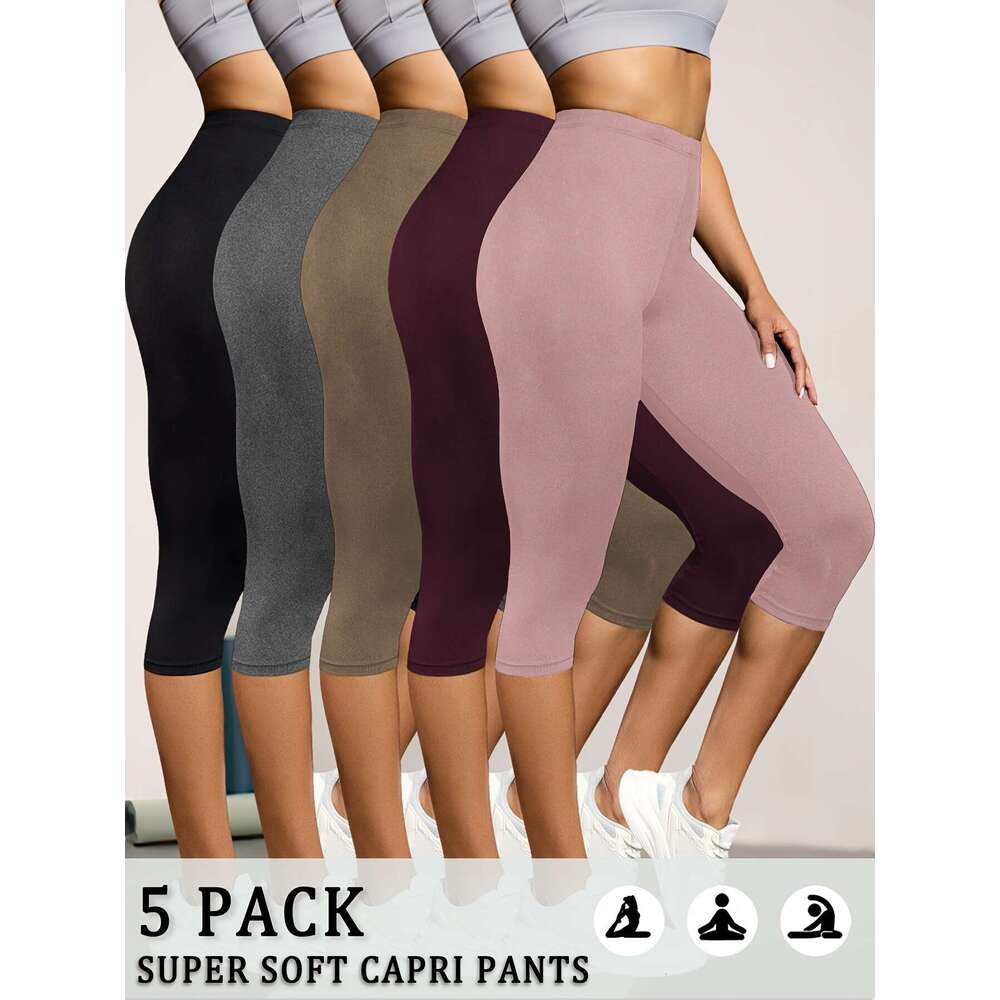 5pcs Women'S Super Soft Capri Pants, Solid Color High Stretch Athletic Leggings for Workout, Running, Yoga - Breathable & Comfortable Spring/Summ