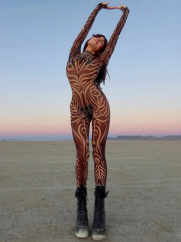 kliou Aesthetic Printed Women Jumpsuits Sexy Hipster Long Sleeve Stand Collar Bodyshaping Overalls Female Attractive Clubwear 251029