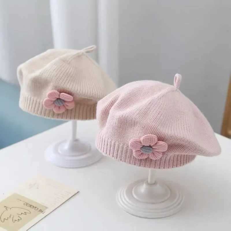 Solid Color Cute Flower Baby Hat Winter Warm Knitted Beanie Cap for Infant Girls Korean Toddler Kids Princess Artist Painter Cap251028