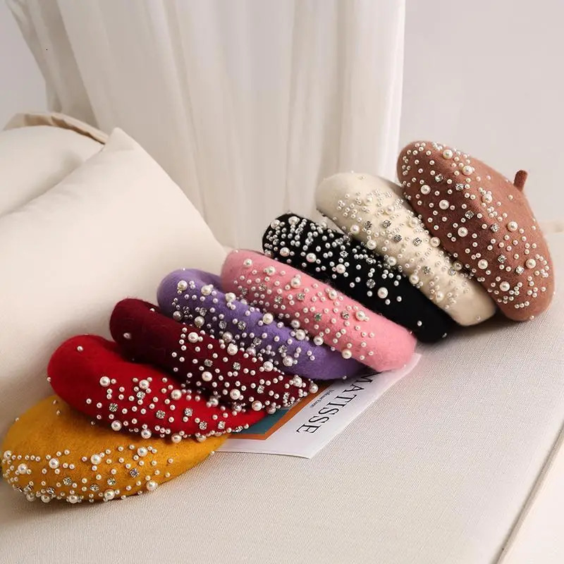 Pearl rhinestone wool beret womens autumn and winter British retro versatile painter hat multi colored 251029