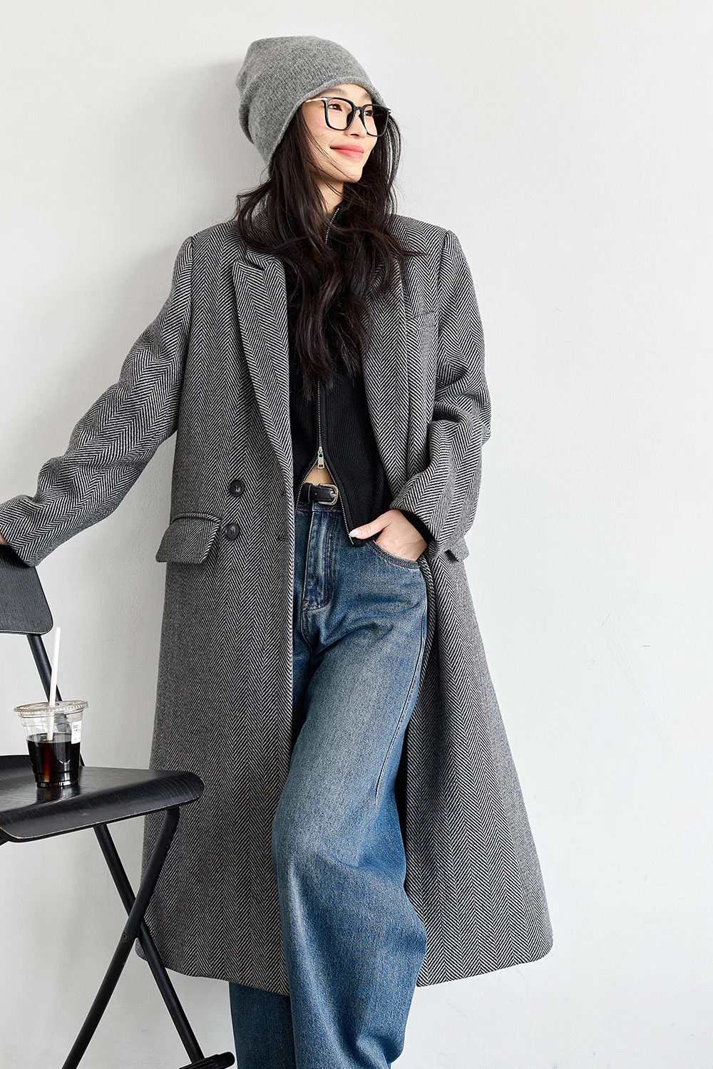 VIMLY Women Elegant Wool Blend Long Blazer Coat FallWinter Thick Warm Simple Double Breasted Overcoat Office Lady Outerwears 251028