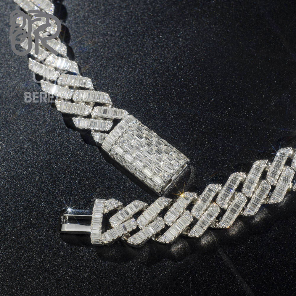 18mm 18 VVS Moissanite Cuban Necklace Pass Diamond Test GRA Certificate Baguette Straight Line 925 Silver Chain for Men