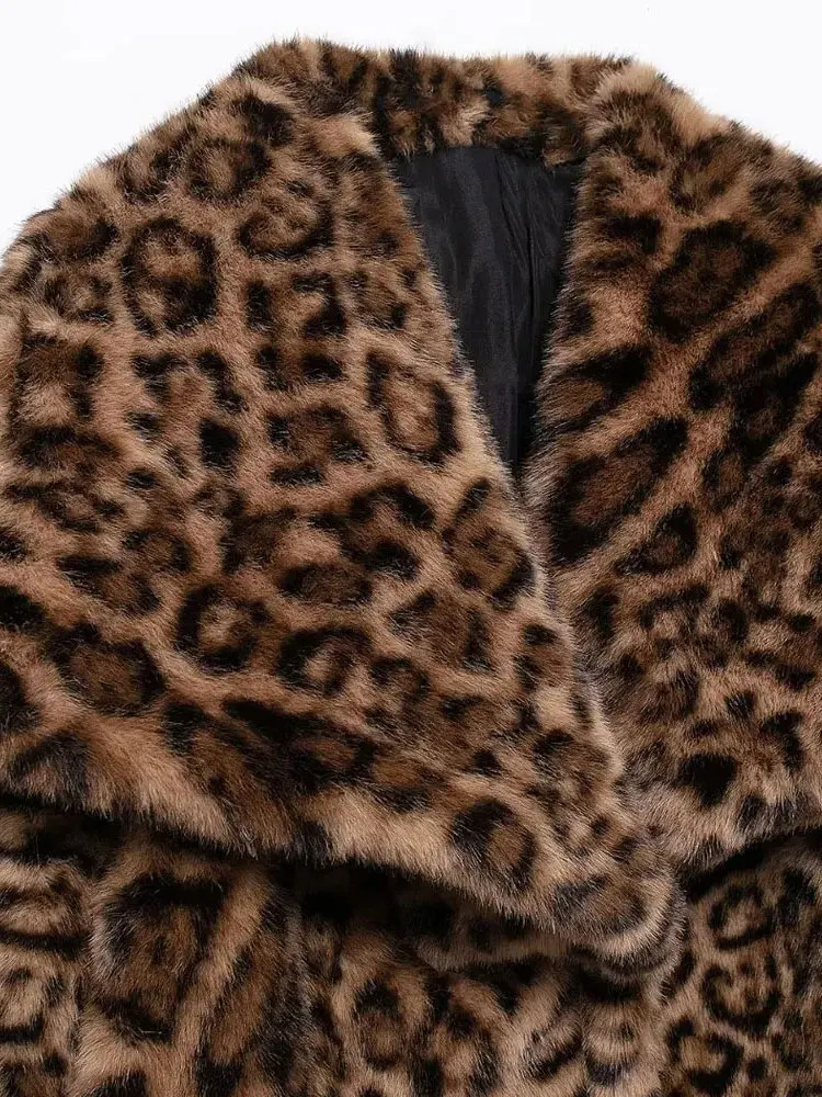Womens Thick Warm Leopard Faux Fur Jacket Lapel Collar Coat Long Sleeve Female Outerwear Chic Tops Fashion 251029