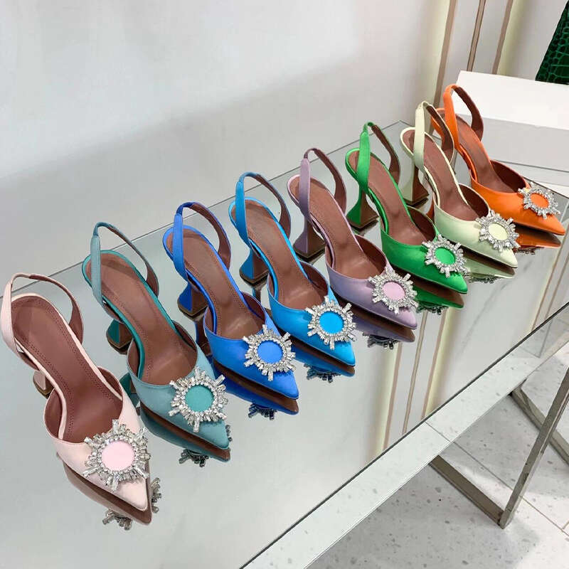 women's Designer Crystal-Embellished buckle stain Pumps spool Heels sandals Luxury Dress Evening Slingback high-heeled sandal White wedding party dress shoes