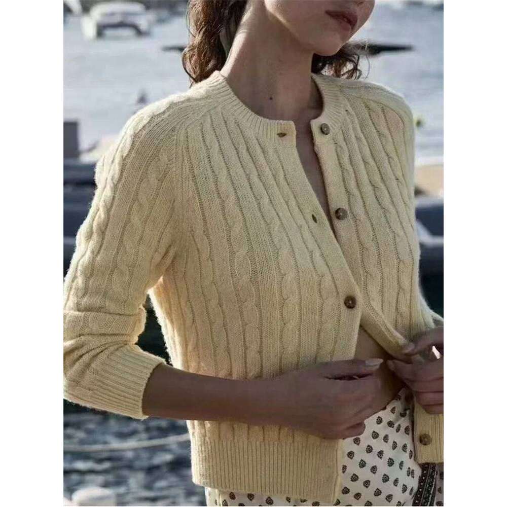 French Women's Wool Blend Knit Cardigan O-Neck Long Sleeve Knitwear Ladies Single-Breasted Twist Knitted Sweater Top Women Sweater Designer Sweat