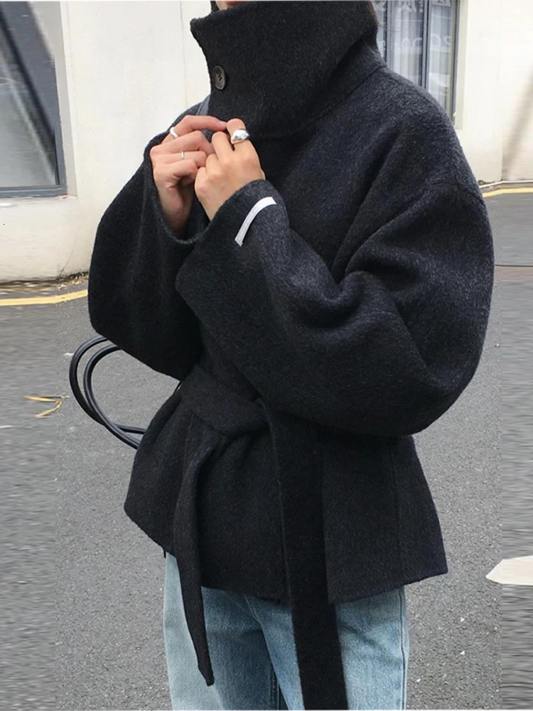 Elegant Womens Belt Stand Collar Woolen Coat Chic Single Breasted Full Sleeve Jacket 2025 Autumn Winter Lady Commute Streetwear 251029