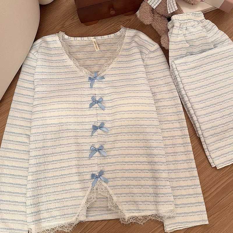 Womens Pajamas Fashion Striped Sleepwear Set Cotton Chest Pad Long Sleeve Tops Trousers Sets Autumn Winter Home Suit For WomenT251029