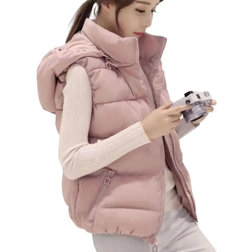 Women Sleeveless Pocket Hooded Vest Coats Winter Solid Color Warm Cotton Padded Jackets Waistcoat Female 251027