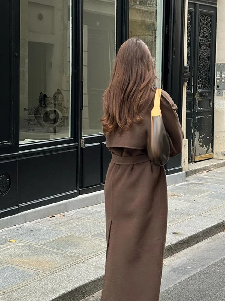 Fashion Belt Woolen Long Coat For Women Loose Lapel Sleeve Double Breasted Autumn Winter Overcoat Streetwears 251028