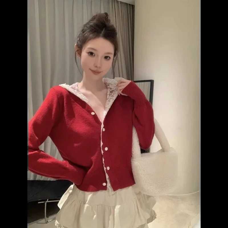 Lace Hooded Long Sleeve Knit Sweater Women Short Casual Top Winter ChicT251028