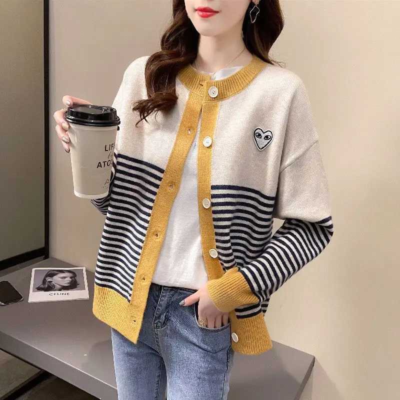 Korean Appliques Thick Autumn Winter Sweaters Striped ONeck Slim Womens Clothing Knitting Single Breasted Cardigan Lazy StyleT251028