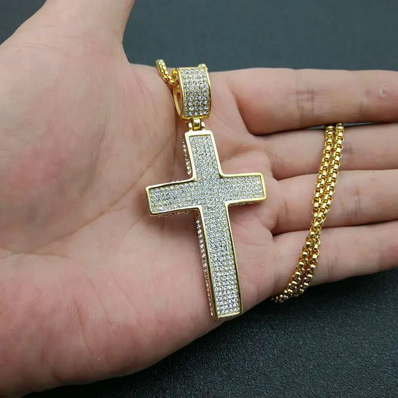Stainless Steel Cross Pendants Necklaces Gold Color CZ Stone Paved Bling Iced Out Hip Hop Rapper Jewelry with 24 Gold Chain 251029