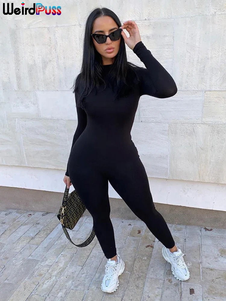 Weird Puss Fitness Skinny Jumpsuit Women ONeck Full Sleeve Elastic Hight Zipper Sportswear Casual Rompers Streetwear Outfits 251029