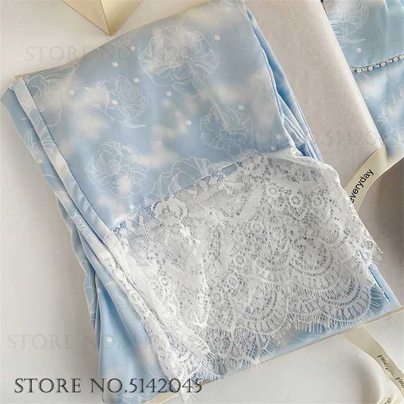 Luxury Silk Satin Female Pajamas Sleepwear 2PCS Set Fashion Bead Lace Home Clothing Trouser Suits Spring New Loose Lounge WearT251029