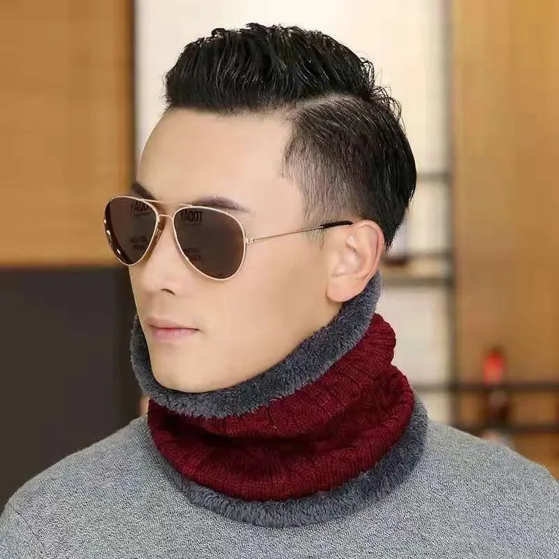 Men Solid Color Soft Knitted Ring Loop Collar Scarf Winter Thick Plush Wool Bib Male Warm Snood Short Scarves Circle Neckchief 251021