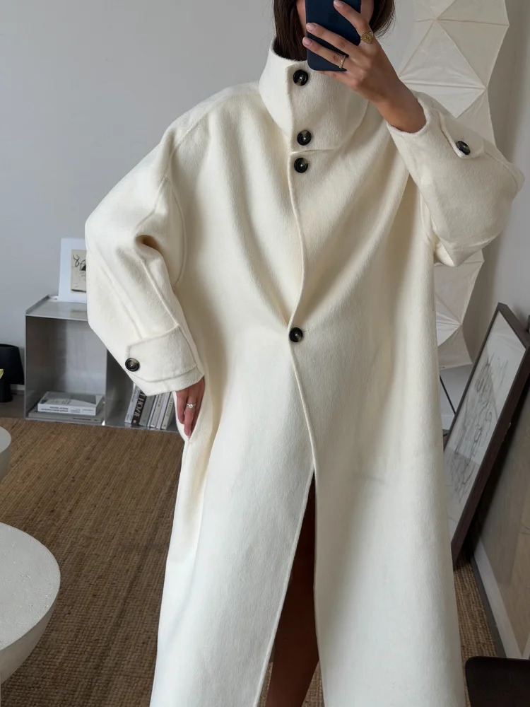 Cream Funnel Neck DoubleBreasted Wool Coat Oversize Slouchy Long Sleeve Elegant Women Outerwear Warm Office Lady Overcoat 251028