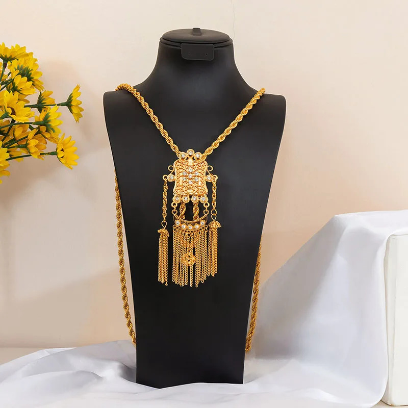 Fatima Store Bridal Chain Necklace Algerian Rhine Stone Arabic Gold Color Slit Tassel Pendant Jewelry Accessory 251028