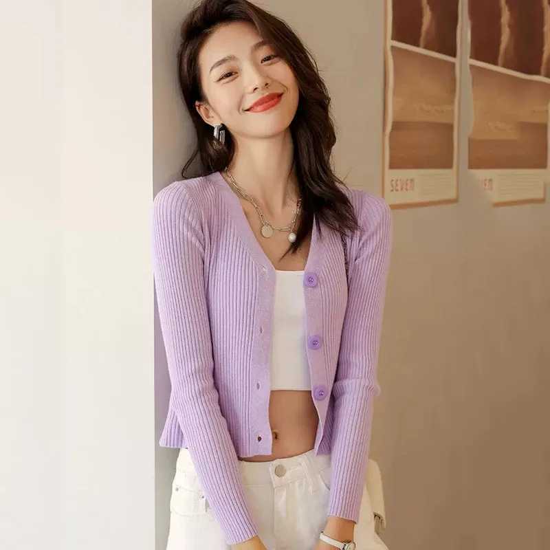 Womens Knitted Cropped Cardigans Autumn New Korean AllMatch VNeck Knitwear Jacket Ladies Solid Color SingleBreasted SweatersT251028