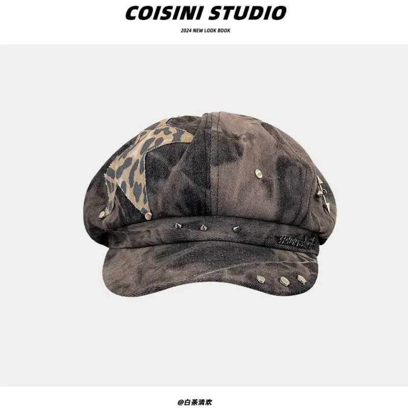 Y2K Personalized Star Sticker Rivet Design Berets Caps for Women Spring and Autumn Fashion Versatile Retro Tiedye Newsboy Hats