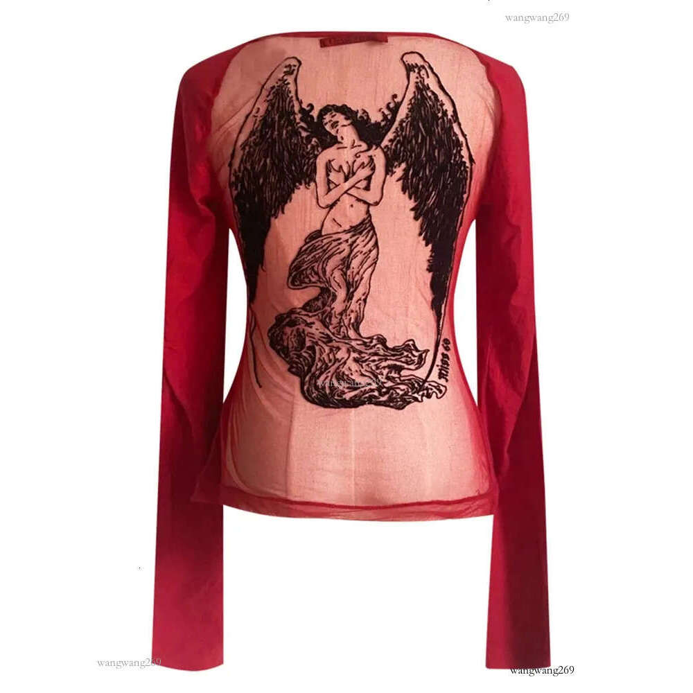 Autumn Women Vintage Gothic Harajuku Graphic Gauze ONeck TShirts See Through Tees Cyber Long Sleeve Crop Tops Gyaru Y2k Grunge 240127