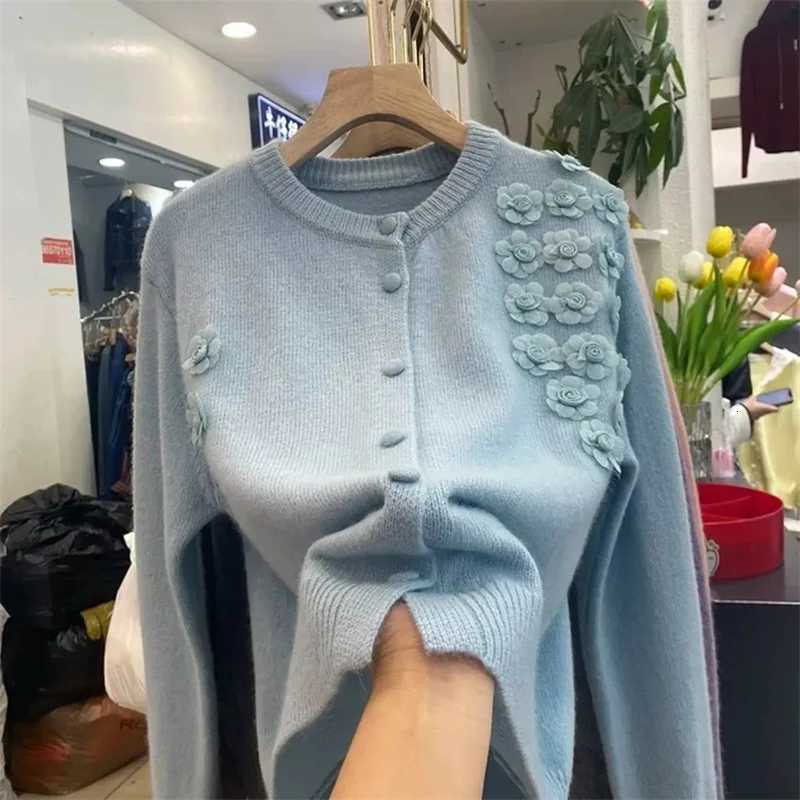 Korean Soft Waxy Knit Cardigan Women Round Neck Joker Sweater Ladies New Flowers Long Sleeve Casual Sweater Female Jacket TopsT251028