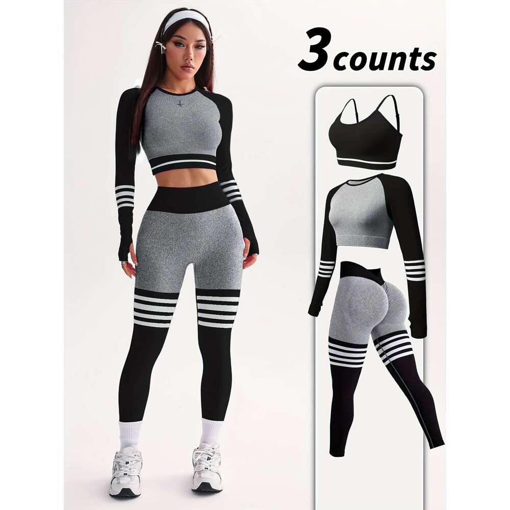 Three-Piece Set Women's Seamless Striped Color Block Sports Bra Long Sleeve Pants High Elasticity Light Beige-Friendly Moisture-Wicking Quick-Dry