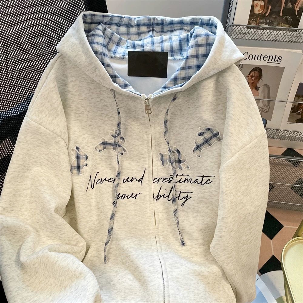 American fashion retro embroidered letter gray hoodie unisex designer couple cardigan cool jacket