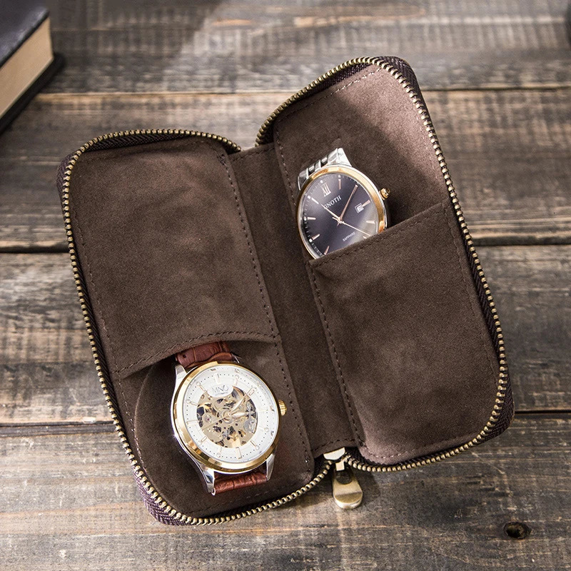 Rustic Leather 2Slot Watch Box Pouch with Zipper Portable Organizer Bag Holds 2 Watches Brown 251029