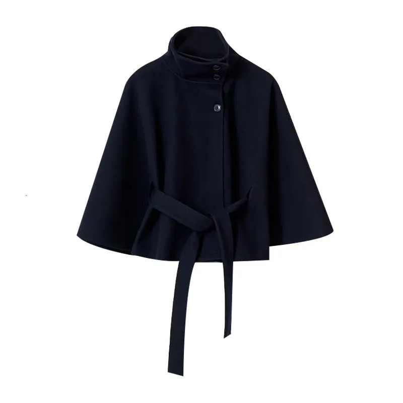 PRINTKAOIR Womens Poncho Coats Vintage Stand Collar Belt Button Lace Up Full Sleeve Overcoat Female Autumn Lady Streetwears 251029