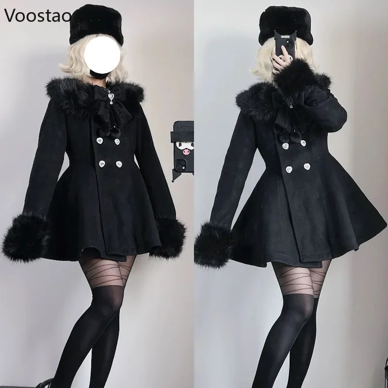 Autumn Winter Japanese Kawaii Lolita Woolen Coat Women Sweet Bow Plush Slim Jacket Female Korean Style Warm Dress Cute Overcoat 251028