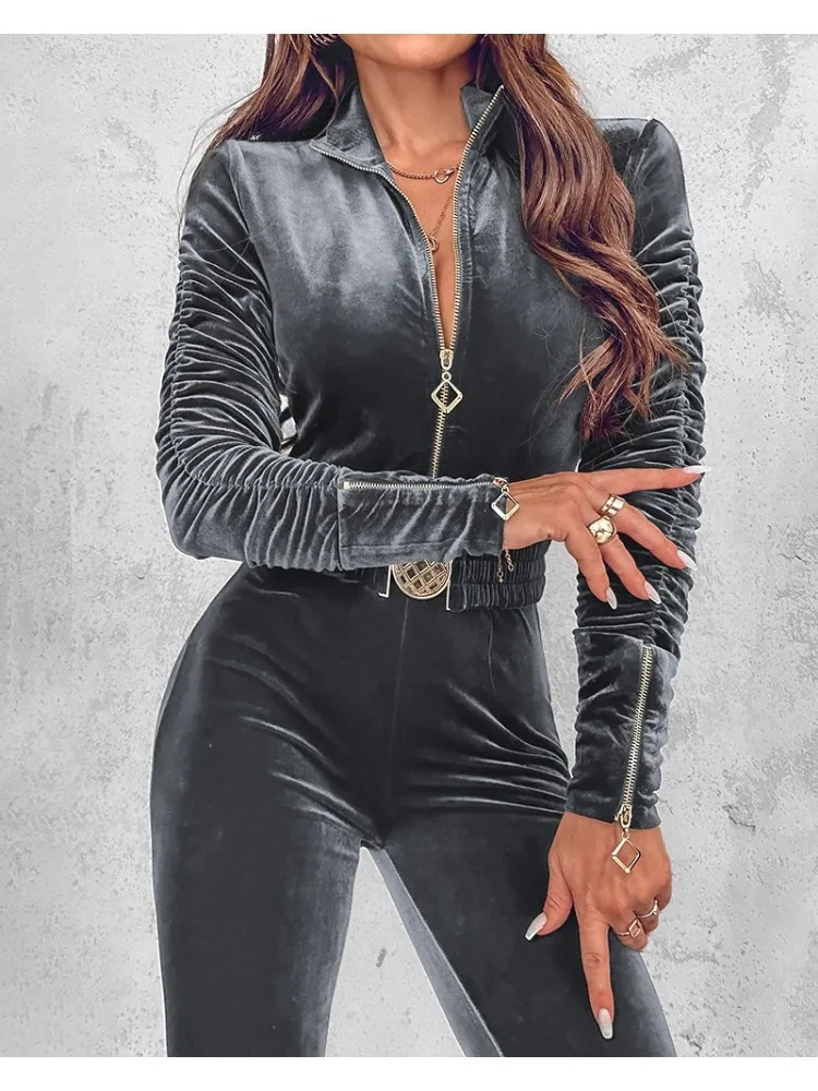 Velvet Zipper n Jumpsuits for Women Elegant Ruched Long Sleeve Jumpsuit with Elastic Waistbelt Overalls Woman Clothing 251027